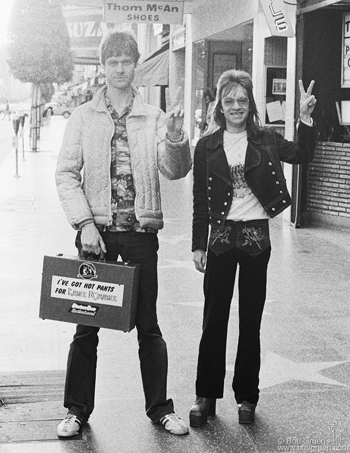 Kim Fowley and Rodney Bingenheimer, Los Angeles, CA. March 1975.