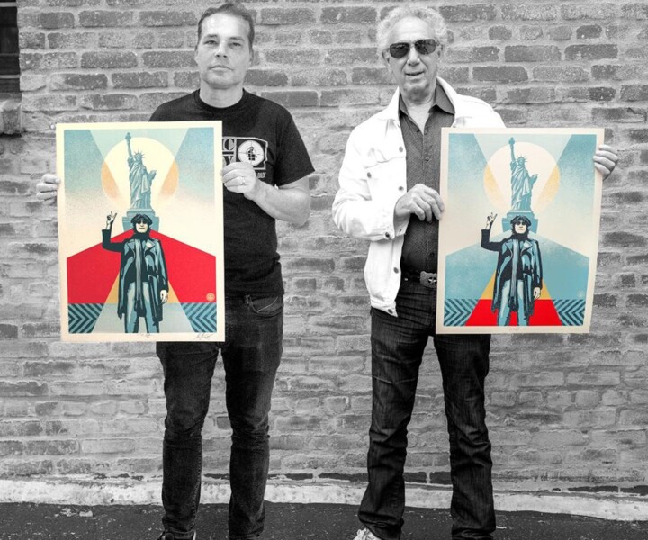 Aug 10 - Los Angeles - Shepard Fairey and Bob Gruen showing the “Lennon Peace and Liberty” limited edition print Shepard created.