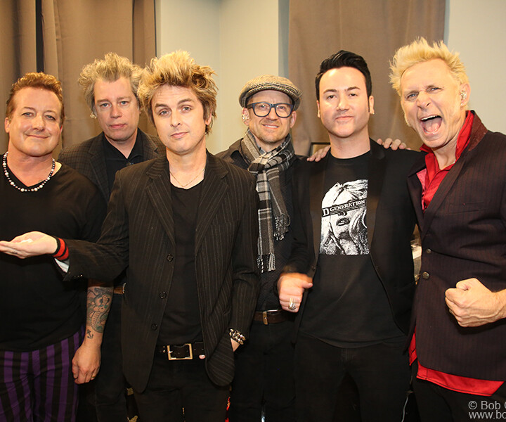 Jan 18 - NYC - Irving Plaza - Green Day celebrated the 30th anniversary of their album Dookie and the 20th anniversary of their American Idiot album! (L-R) Tre Cool, Jason White, Billie Joe Armstrong, Jason Freese, Kevin Preston and Mike Dirnt of Green Day backstage before the show.